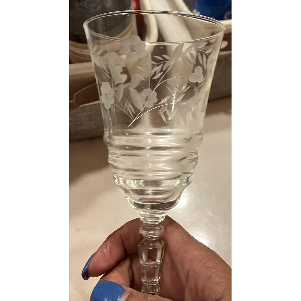 Vintage Etched Crystal Wine Glasses Set of 6 Clear Excellent Floral Ribbed Stem